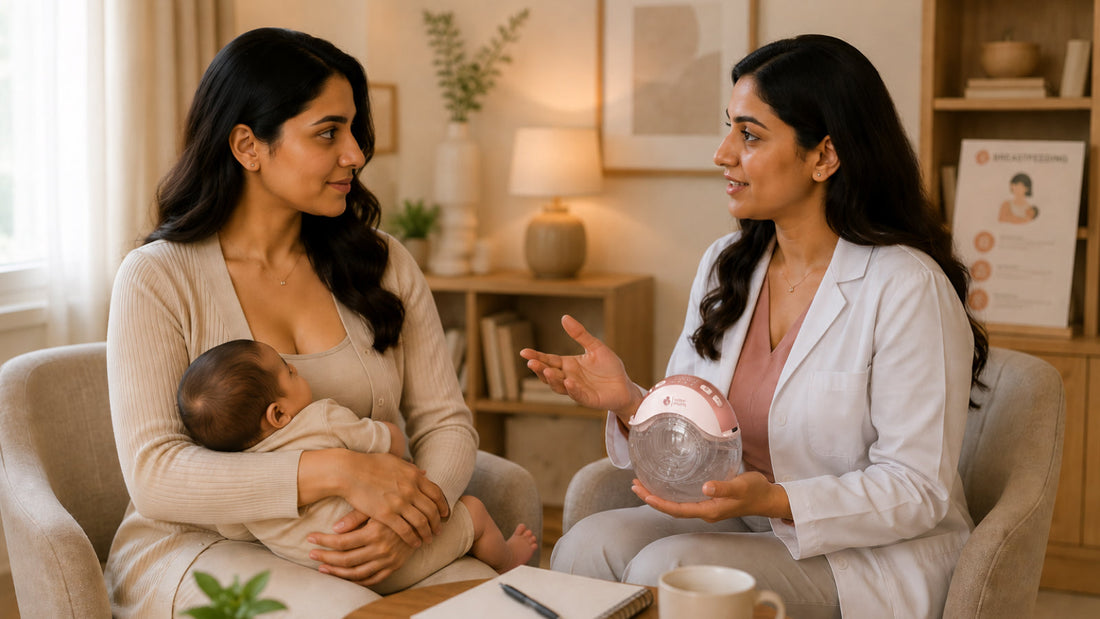 a lactation consultant recommending the solyymoms breast pump to a new mother to increase milk supply