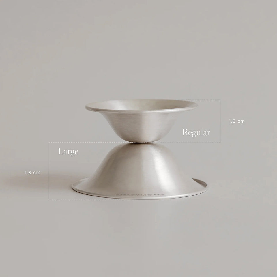 Two solyymoms silver nipple shields placed one above the other labeled 'Large' and 'Regular' on a light gray background