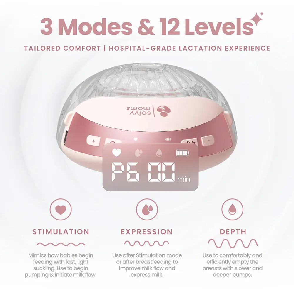Three modes and twelve suction levels of hospital-grade suction with the solyymoms breast pump. Includes a stimulation mode to start milk flow and letdown, an expression mode to express milk and improve flow and the depth mode to empty the breasts fully