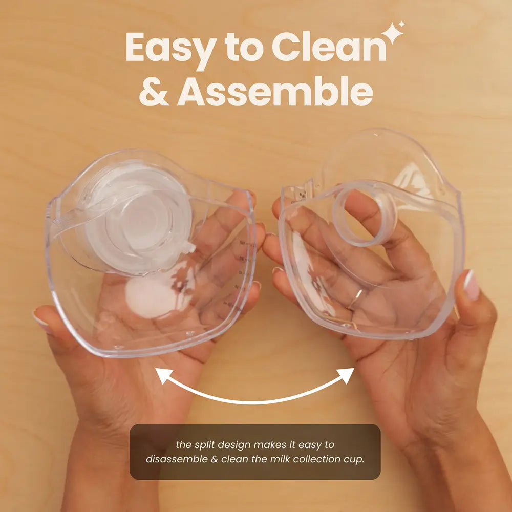 the split design of the solyymoms breast pump makes it easy to clean and assemble and remove milk particles from the container easily
