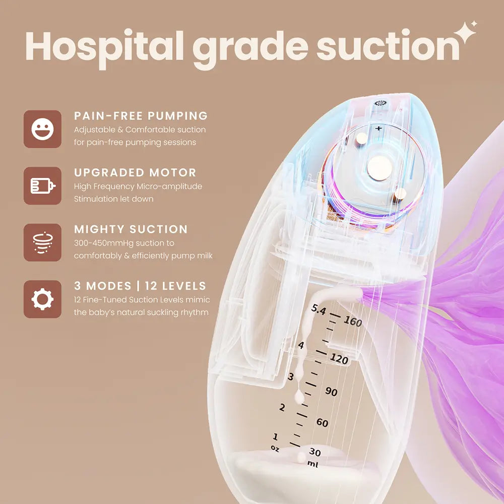 hospital-grade suction with a pain-free pumping experience with the solyymoms air 1 breast pump with up to 450mmHg of suction pressure