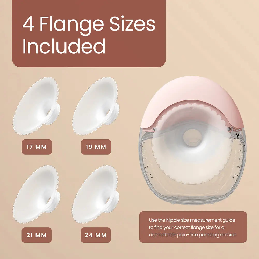 the solyymoms breast pump comes with 17, 19, 21 and 24mm flange sizes included with the product